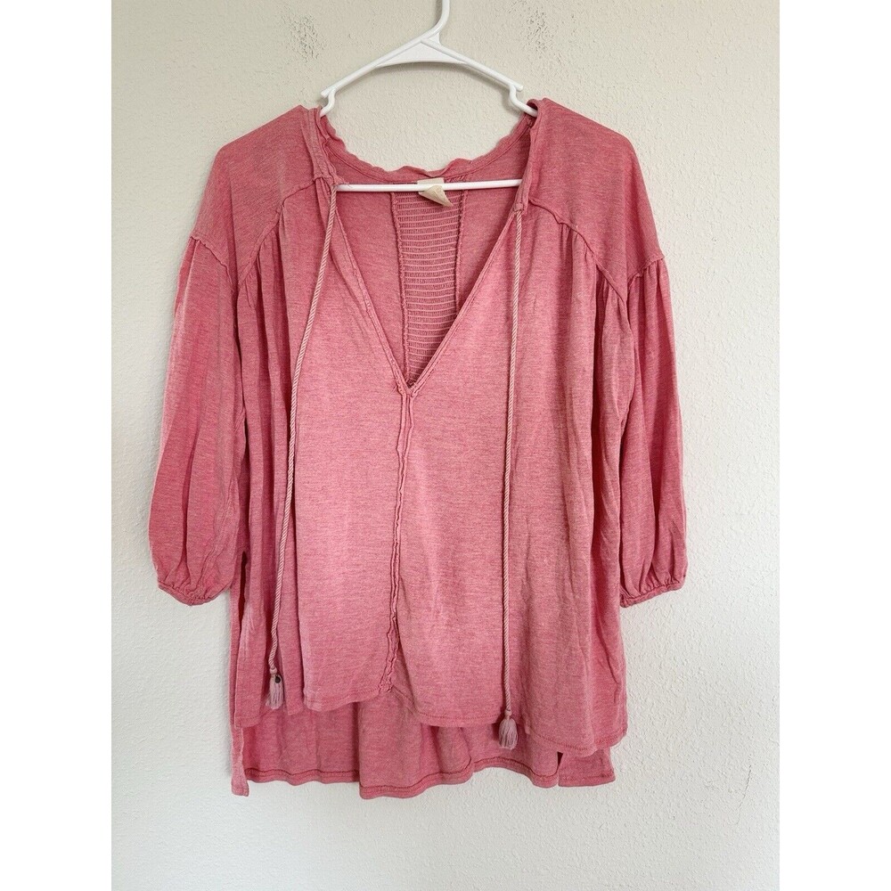 We the Free Oversized Thermal Top Long Sleeve Pink Tasseled Boho Blouse Size XS